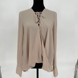 Trouvé Blush Beige Draped Lace Up V-Neck Long Sleeve Sheer Blouse Women's Large